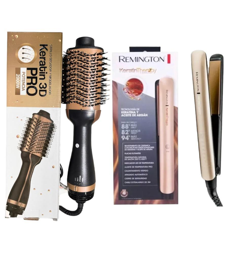 COMBO 2 EN 1: PLANCHA TERAPIA DE KERATINA Y ACEITE DE ARGÁN + CEPILLO SECADOR